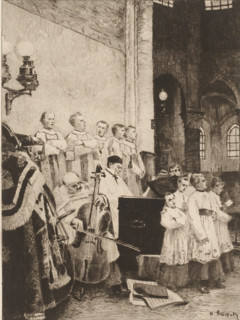 Church choir accompanied by cellists, Une maitrise, L'eau-forte en 1881, French etchings from 1881,