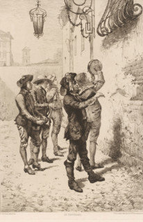 Group of Italian musicians under a balcony, Le pifferari, French etchings from 1881, L'eau-forte en