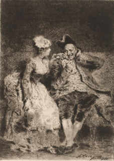 Young lady flirting with older man, Tentation, L'eau-forte en 1881, French etching from 1881,