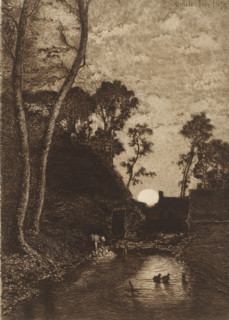 Landscape with ducks in a pond, Clair de Lune, L'eau-forte en 1881, French etchings from 1881,