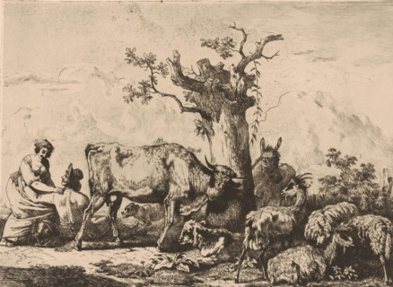Landscape with a herd of cattle around a tree and a man and woman embracing, print, printmaker: