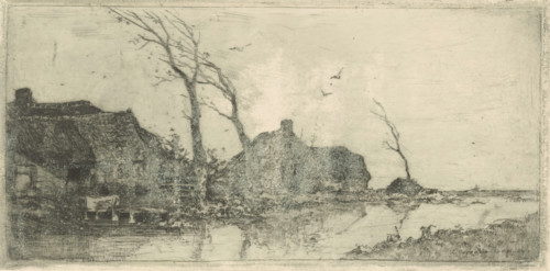 Farmhouse by a ditch, trees leaning in the wind, print, printmaker: Cornelis Vreedenburgh, 1906,
