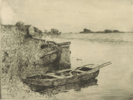 River with boats at the waterside, print, printmaker: Cornelis Vreedenburgh, 1890 - 1946, paper,