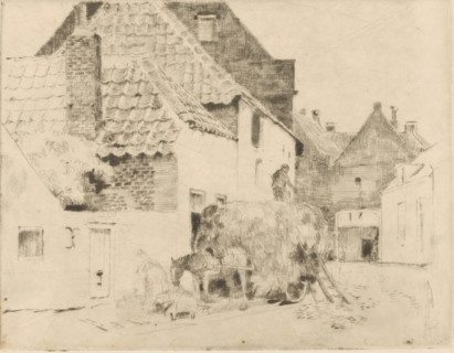 Hay wagon in village street, print, printmaker: Cornelis Vreedenburgh, 1890 - 1946, paper, etching,