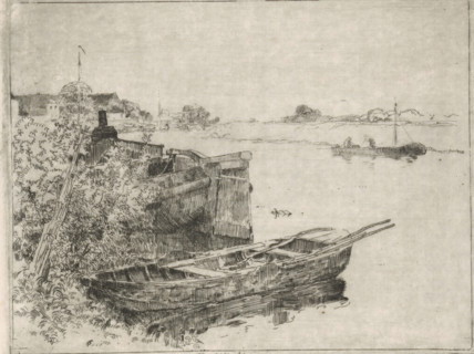 River with boats at the waterside, print, printmaker: Cornelis Vreedenburgh, 1890 - 1946, paper,