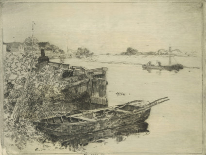 River with boats at the waterside, print, printmaker: Cornelis Vreedenburgh, 1890 - 1946, paper,