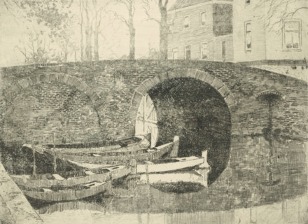 Bridge over a canal, print, Five rowing boats in the water on the left., printmaker: Cornelis