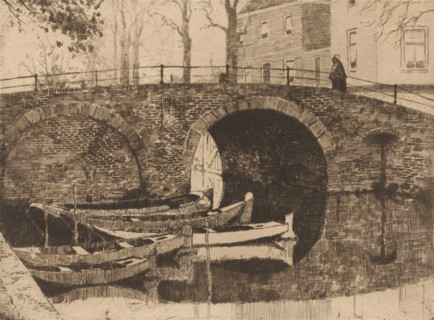 Bridge over a canal, print, Five rowing boats in the water on the left., printmaker: Cornelis