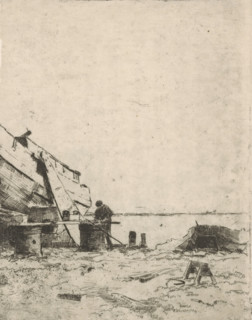 Shipyard, print, Shipyard with figure working on a boat. Left part of the print is torn off.,