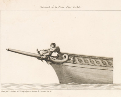 Ornements de la proue d'une goëlette, Figurehead of a schooner with putto on dolphin, Bow ornaments