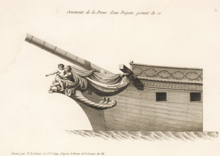 Prow and figurehead of a frigate, Ornements de la proue d'une frégate, portant du 12, Ornements de