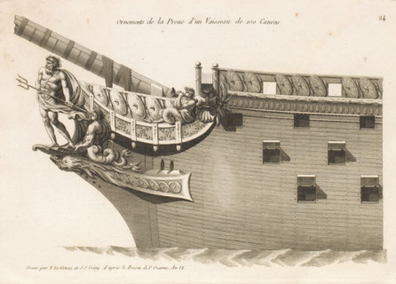 Prow of a sailing ship with figurehead of Neptune with trident, Ornements de la proue d'un vaisseau