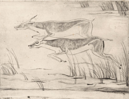 Two running gazelles, print, stamp: 'Ph. J.', printmaker: Willem Retera, 1910 - 1955, paper,