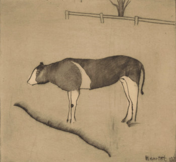 Cow standing by a riverbank, print, In the background a fence and a tree., inscription: 'Mr. Kist',