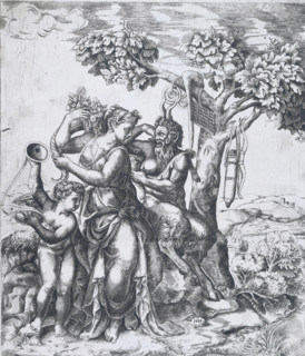 Pan, Pomona en Amor, print, album page, Pomona and Amor sitting under a tree with musical