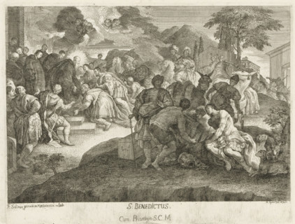 Saint Benedict and men with a treasure chest, S. Benedictus, print, printmaker: Martin Speer,
