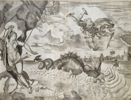 Perseus and Andromeda, print, album page, Left: Andromeda chained to a rock formation. Right: a
