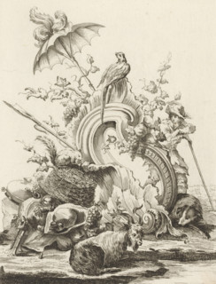 Rocaille with animals and bagpipes, Livre de Trophée, Series of trophies, print, album page,