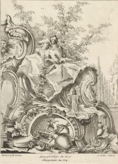Rocaille with young couple and garden attributes, Series of trophies, Livre de Trophée, print,