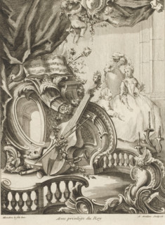Rocaille with musical instruments and elegant lady, Livre de Trohée, Series of trophies, print,