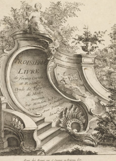 Title page with rocaille on landing staircase, Third series of rocaille and cartella ornaments,