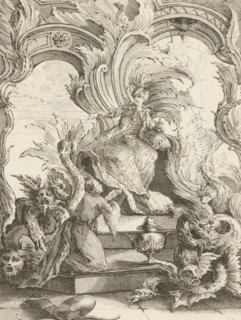 Rocaille with man sitting on throne surrounded by dragons, Rocaille with two Orientals and dragons