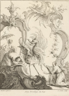 Rocaille with three figures in Chinese costume surrounding a fantasy bird, Quatrième Livre de