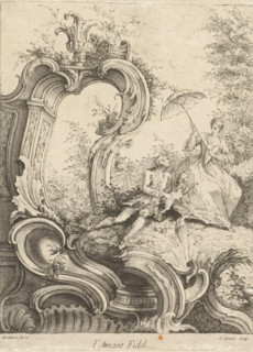 L'Amant Fidel, Rocaille with young couple with dog, Sixth series with rocaille, cartelsornamenten