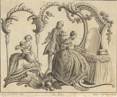 Rocaille with elegant gentleman and two ladies, Le Matin, print, album page, ornament print, Print