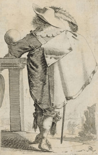 Gentleman, dressed in the fashion of ca. 1630, seen from behind, album page, costume print, with