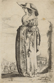 Woman, dressed in the fashion of about 1620, facing left, album, album page, costume print, Woman