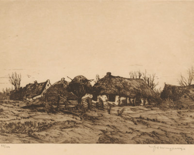 Farmhouses, print, Four low farmhouses and a haystack, collector's mark: 'qJh', printmaker: Hendrik