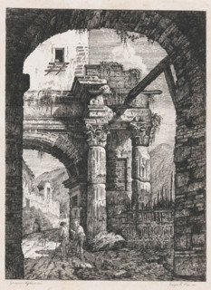 Ancient ruins and travelers on a path, print, Ruin of an ancient gate with Corinthian columns. On