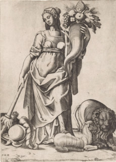 Allegory of abundance through peace, print, Female personification of abundance with a cornucopia