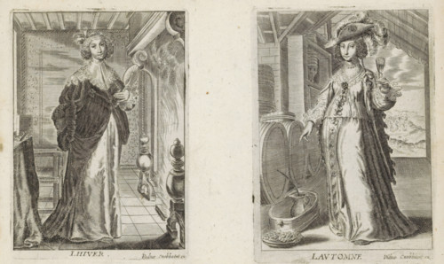 L Hiver, Winter, The Four Seasons, print, album page, A warmly dressed woman stands with a fan in