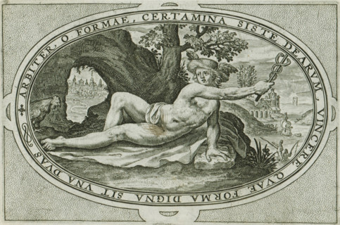 Mercury, Gods and goddesses involved in the Judgment of Paris, print, album page, Landscape with