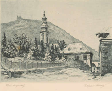 Kahlenbergerdorf (original title on object), print, View of Kahlenbergerdorf: church, house and