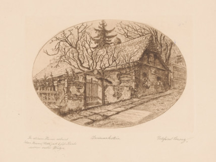 Dreimarkstein (original title on object), print, Low house in a sloping street., annotation: 'In