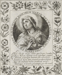 Virgin Mary, Imagini Gentilissime delle dodici Sibille, print, album page, Mary lifts her eyes to
