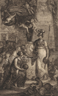 Arts and sciences pay homage to Charles Theodore, Duke of Bavaria, print, Personifications of the
