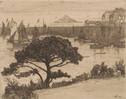 Fischerhafen in den Bretagne (original title on object), print, View of a harbor with sailboats.,