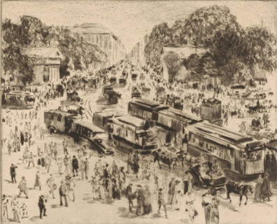 Busy street in Berlin, print, annotation: '...', printmaker: Paul Paeschke (signed by artist), 1885