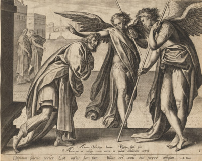 Lot and the Two Angels, print, album page, Lot meets two angels at the city gate of Sodom and