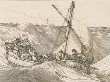 Fishing boat in the waves, print, album page, Print is part of an album., printmaker: Robert Blyth,
