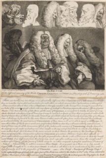 The Bench, Judges, cartoon, print, album page, The central judge is probably John Willes and the