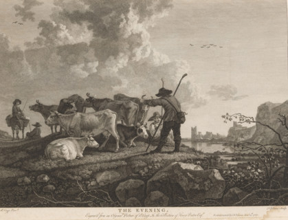Shepherd drives his cattle, The Evening, print, album page, Print is part of an album., printmaker: