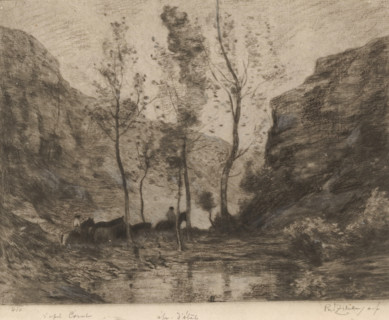 Mountain landscape with lake and horsemen, Les contrebandiers (original title), print, printmaker: