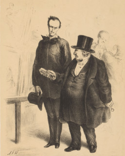 Discussion about portraiture, cartoon, A man tells an artist, in a painting exhibition, how he