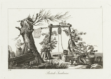 Well with bucket on rope, Puits de jardinier, Ier. cahier petites etudes, Small drawing examples,
