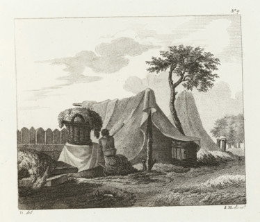 Man sitting next to a full basket near a tent, Drawing examples, second notebook, 2me. cahier
